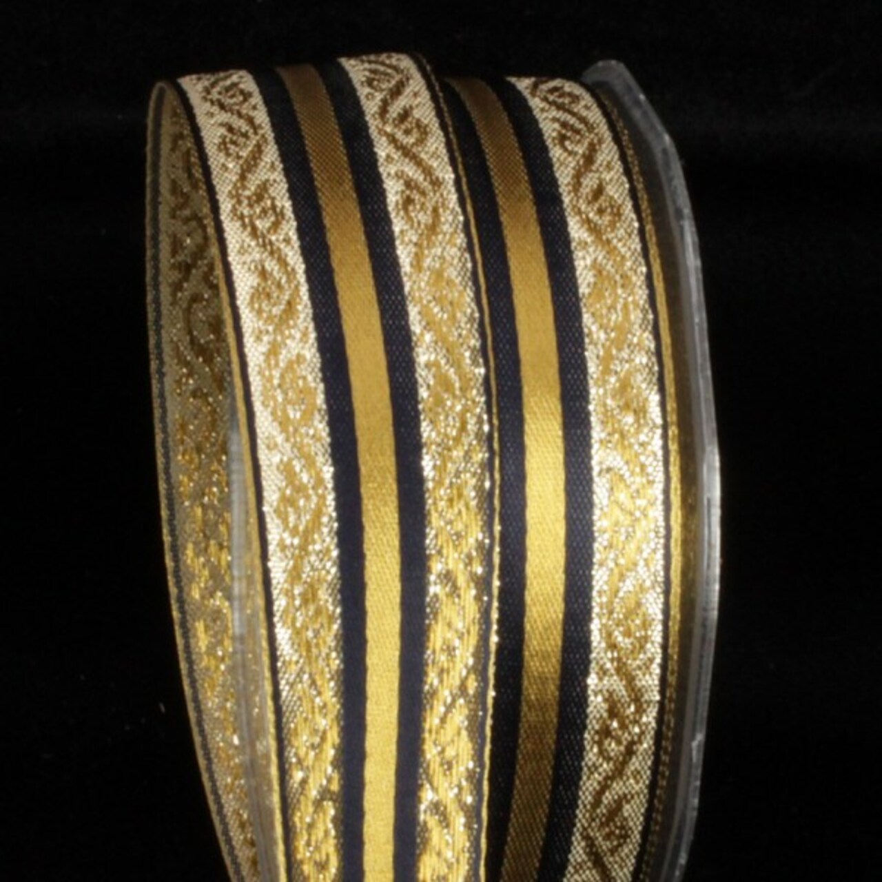 The Ribbon People Metallic Gold and Navy Blue Woven Striped Wired Craft Ribbon 1.25" x 27 Yards